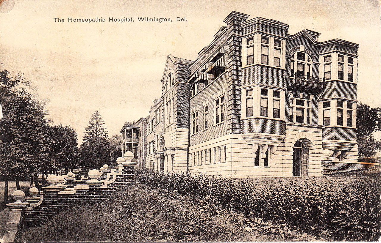 An external view of The Homeopathic Hospital, which became Memorial Hospital