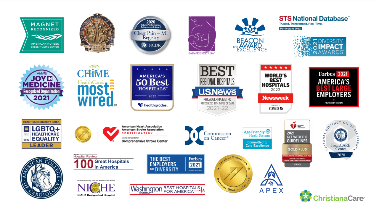 A series of logos showing various awards received by ChristianaCare Health System