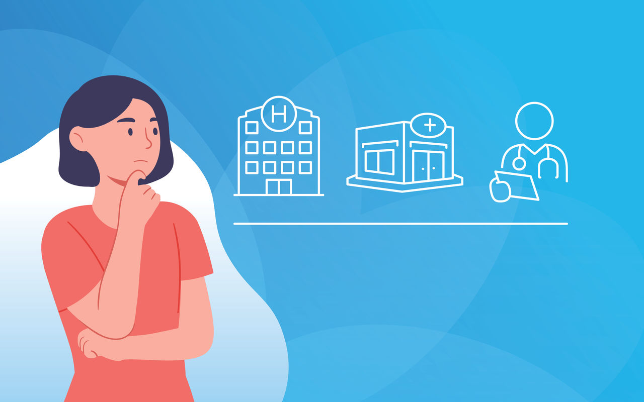 A drawing of a woman in thought, with line drawings of a hospital, an urgent care facility, and a doctor