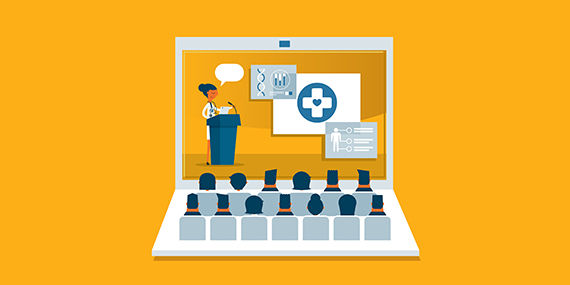 An illustration of a group of people attending a virtual medical presentation