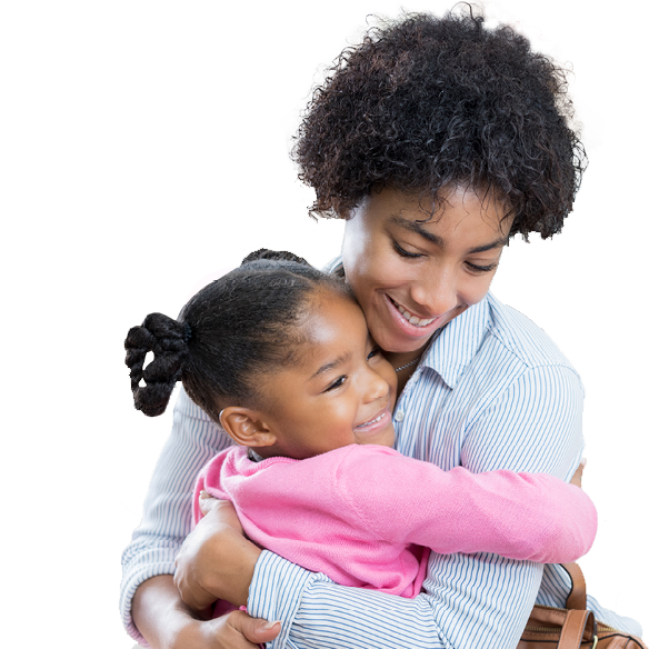 A Black woman and her daughter smile while hugging each other