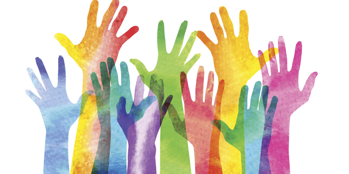 Overlapping silhouettes of Hands in a watercolour texture.