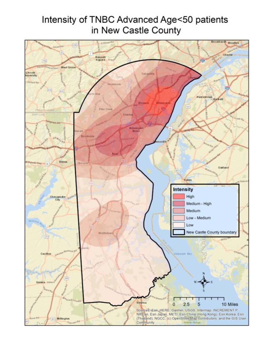 Map showing intensity of TNBC Advanced Age<50 patients in New Castle County, DE