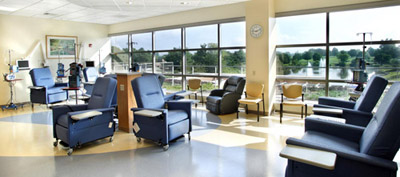 The infusion suite at the Division of Gynecologic Oncology overlooks the gardens and fountains behind the Helen F. Graham Cancer Center & Research Institute.