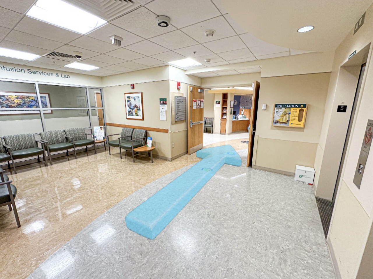 Step 17: When you’ve reached the fifth floor, exit the elevator and walk through the  double doors on your right.