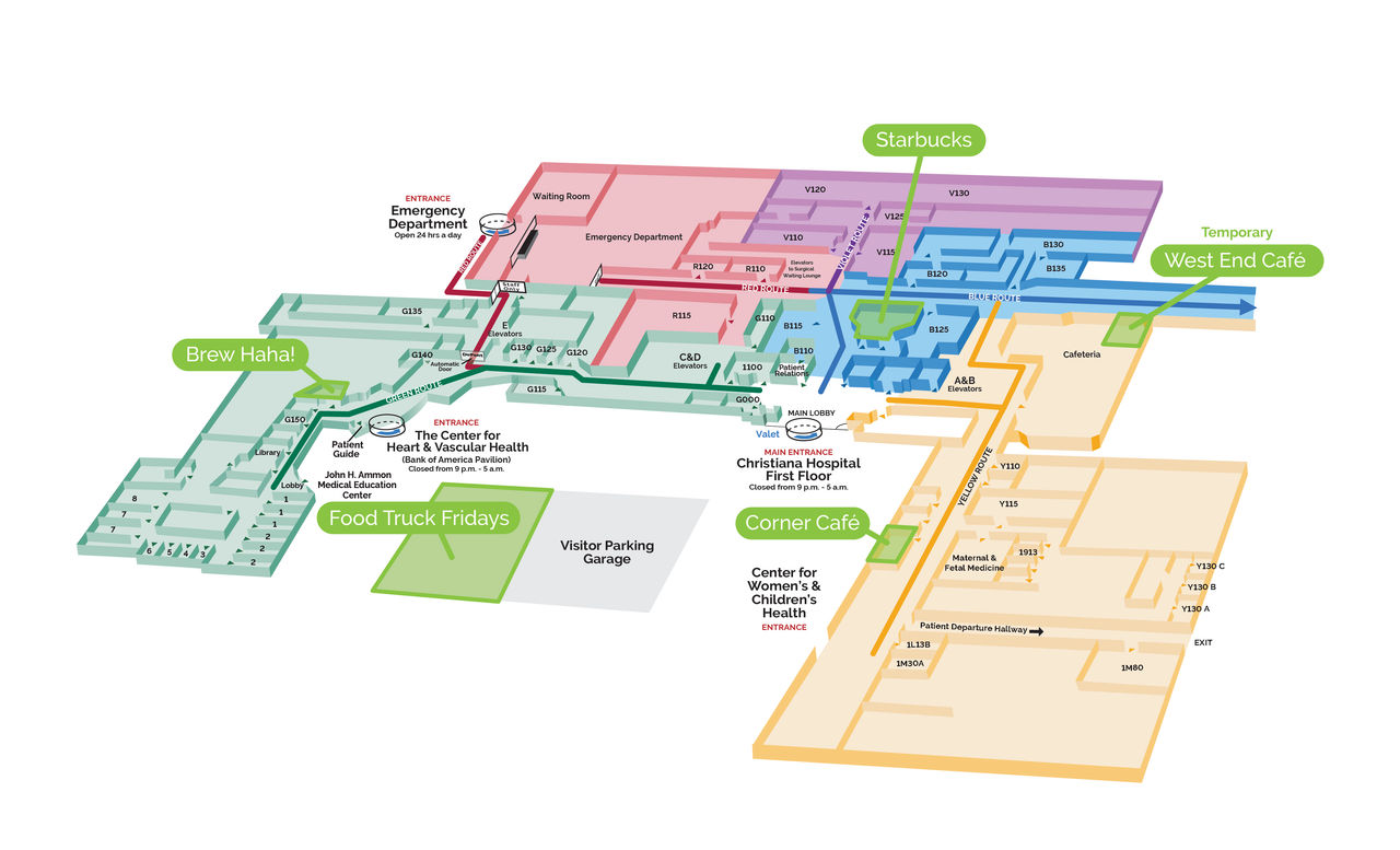 A map showing the locations of dining options at ChristianaCare's Newark campus